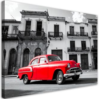 Feeby Cuadro Sobre Lienzo, Coche Retro Rojo Aparcado En Una Calle De La Habana Cuba, 100x70
