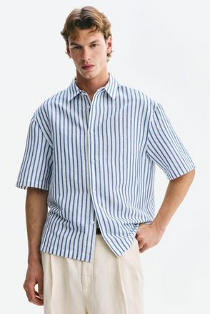 H&M Relaxed Fit Short-sleeved Linen-blend Shirt in Blue/striped at Nordstrom, Size Xx-Large