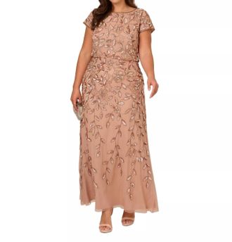 Adrianna Papell Boat-Neck Beaded Blouson Gown - Plus In Rose Gold