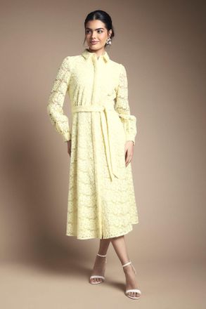 Wallis Womens Embroidered Floral Organza Shirt Midi Dress - Yellow - Size 14 UK