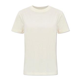 Moncler T-Shirts, female, Beige, Size: XS Embroidered Logo Cotton T-Shirt