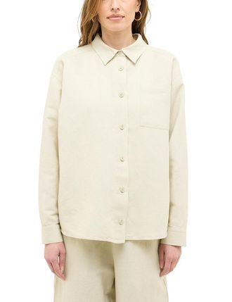 Mustang Langarmbluse MUSTANG Damen Style Willow, Damen, Gr. 38, braun (braun 4012), Web, 75% Baumwolle, 25% Leinen, unifarben, relaxed fit, Blusen Langarmblus