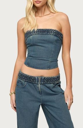 Edikted Braidey Strapless Lace-Up Denim Crop Top in Blue-Washed at Nordstrom, Size X-Small