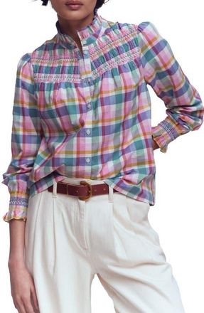 Boden Esme Check Smock Detail Cotton Button-Up Shirt in Multi Check at Nordstrom, Size 10