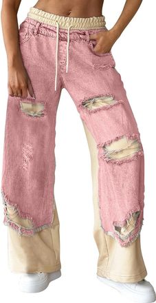 Generic Ripped Patchwork Denim Trousers for Women UK Comfortable Elastic Waisted Drawstring Jeans Baggy Wide Leg Straight Leg Mom Pants Trendy Stitching Stree