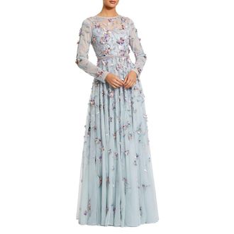 Mac Duggal Long Sleeve Floral Embellished Evening Gown in Seafoam Multi at Nordstrom, Size 14