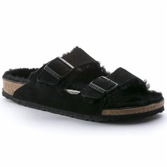 Birkenstock Womens Arizona Suede Sandals In Black/black Shearling