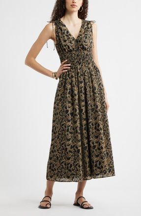 Nordstrom Print Smocked Waist Sleeveless Maxi Dress in Black- Tan Leaf Global at Nordstrom, Size Xx-Large