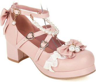 Generic Womens Chunky Heel Platform Pumps with Bowknot & Pearls, Cross Ankle Strap, Lolita Style,Pink,7.5 UK