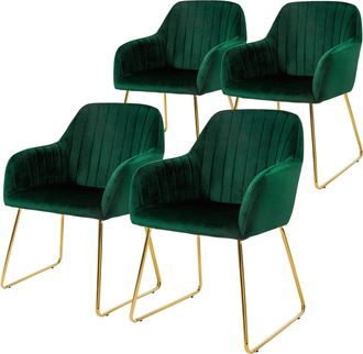 ML Design Ml-design - Juego De 4x Sillas De Comedor Verdes Asiento Ergon&oacute;mico Acolchado Tapizado De Terciopelo, Patas De Metal Dorado Sill&oacute;n De Dise&ntilde;o Moderno P