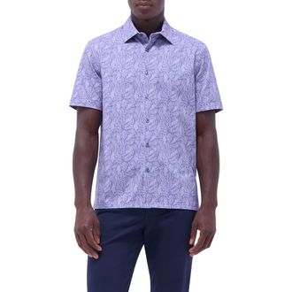 Bugatchi Milo OoohCotton Leaf Print Short Sleeve Button-Up Shirt in Lilac at Nordstrom Rack, Size Xx-Large