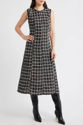 Maggy London Tweed Sleeveless Fit & Flare Midi Dress in Black/ivory at Nordstrom, Size 14