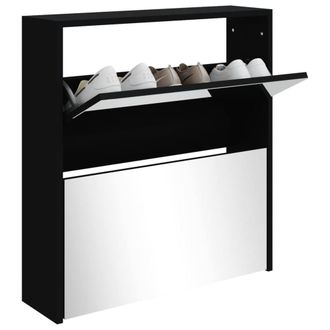 Berkfield Home Shoe Cabinet with Mirror 2-Layer Black 63x17x67 cm | Size: 63 x 17 x 67 cm