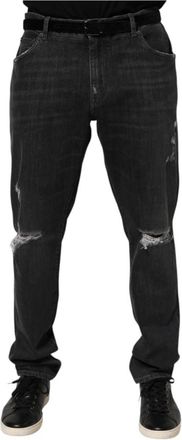 Dolce & Gabbana Slim Fit Distressed Ripped Jeans - Heren - Slim Fit Jeans - Zwart - 3XL - Katoen - Jeans