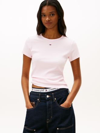 Tommy Jeans TJW SLIM ESSENTIAL RIB SS EXT Baumwollmischung, slim fit, figurbetont, in gerippter Struktur