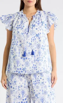 Sugarlips Azul Tropics Deniza Split Neck Top in Blues White at Nordstrom, Size 1X
