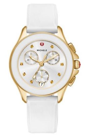 Michele Cape Chronograph Silicone Strap Watch, 34mm in White/Silver/Gold at Nordstrom Rack