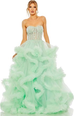 Mac Duggal Strapless Corset Detail Tulle Layered Gown