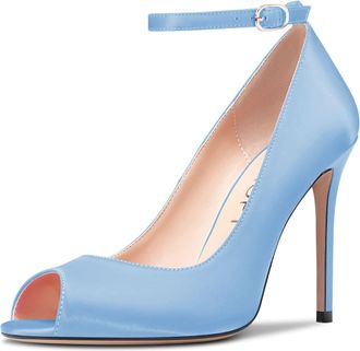 Castamere Womens High Heel Stilettos Peep Open Toe Pumps Court Shoe Ankle Strap Dress Wedding Sandals 10 CM Heels Light Blue Satin 4 UK