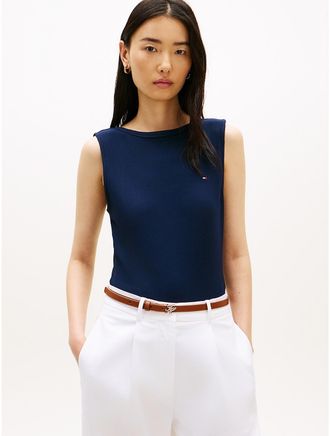 Tommy Hilfiger Womens Slim Fit Rib-Knit Boatneck Tank Top - Navy - XXS
