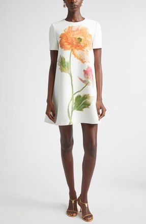 Carolina Herrera Poppy Print Stretch Crepe A-Line Minidress in White Multi at Nordstrom, Size 10
