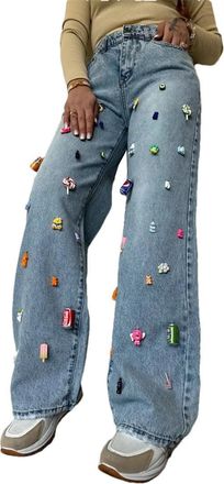 Generic Womens Sensible Decoration Streetwear Distressed American Style High-Waisted Jeans GB2433 Blue S