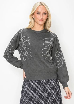 YAL New York Charcoal Knit Top with Cord Embroidery