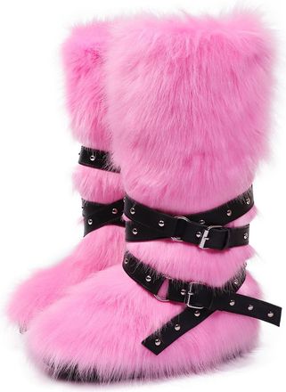 Generic Womens Winter Knee High Boots Fluffy Faux Fur Boots With Thick Fleece Lining Cozy Snow Boots Available In Plus Sizes(Pink1,7.5)