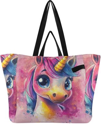Generic Unicorn Head Pink pattern Reusable Canvas Tote Bag, Heavy Duty Grocery Shopping Bag with Hard Bottom Large Capacity Double Handles Work Groceries Trav