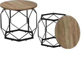 Woltu Woltu - Set di 2 tavolini rotondi con Piano Rimovibile in Legno e Metallo, Legno Grigio