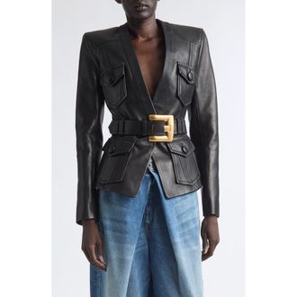 Balmain Belted Leather Jacket in 0Pa Black at Nordstrom, Size 36