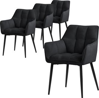 ML Design Ml-design - Set 4x Silla De Comedor Con Respaldo Y Reposabrazos Asiento Acolchado Negro Tapizado De Tejido De Rizo Con Patas De Metal Sill&oacute;n De Dise&ntilde;o