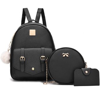 I Ihayner Womens 3 Piece Fashion Leather Backpack Set Mini Backpack Handbag Rucksack Satchel Shoulder Bag for Ladies Black