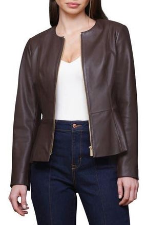 Bagatelle Genuine Leather Zip Front Peplum Jacket in Chocolate at Nordstrom Rack, Size Large
