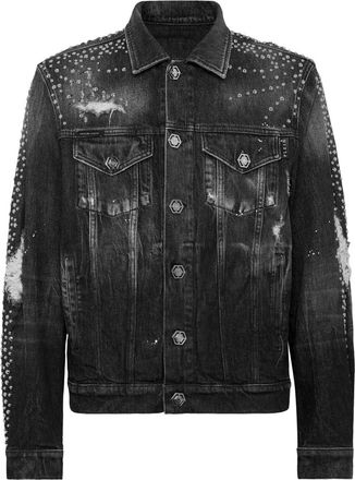 Philipp Plein Jassen, Heren, Grijs, M, Denim, Denim Trucker Jacket LS Studs