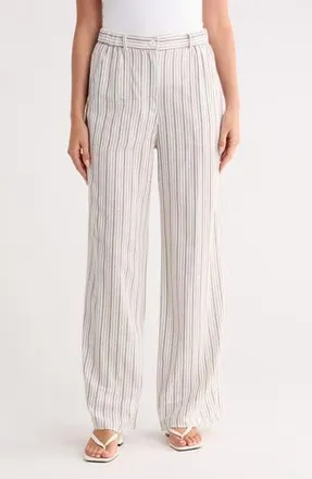 Max Studio Stripe High Waist Wide Leg Linen Blend Pants in White /Acorn Shoreline Stripe at Nordstrom Rack, Size X-Small