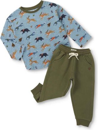 Hatley Forest Animals Slub Cotton T-Shirt & Joggers Set in Blue Multi at Nordstrom, Size 12-18M