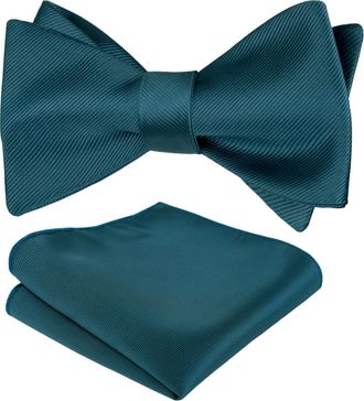 Alizeal Mens Classic Self Bow Tie and Hanky Set, Dark Teal