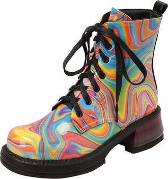 Generic Women Ankle Boots Autumn Winter Fashion Faded Color Comfortable Lace Up Chunky Square Heel Block Design Durable Sole (A, 5.5)