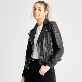 Barneys Womens Clara Textured Biker Jacket - Black Leather - Size 8 UK