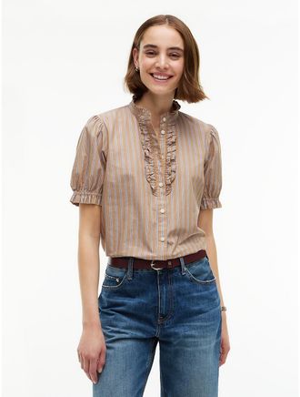 Tommy Hilfiger Womens Ruffle-Trim Striped Poplin Shirt - Hickory - M