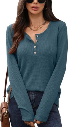 Generic Womens Long Sleeve Waffle Knit Henley Top Casual Loose Fit Button Up T-Shirt Blouse for Autumn Winter (UK, Alpha, L, Regular, Regular, Blue)