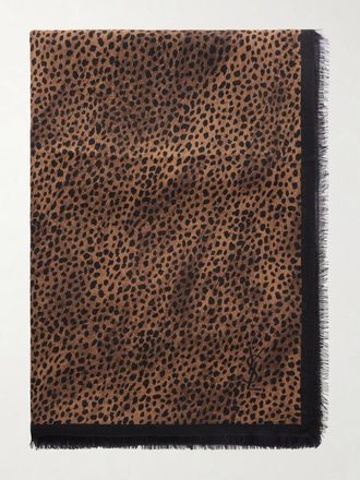 Saint Laurent Sciarpa In Lana Leopardato Con Frange - Nero