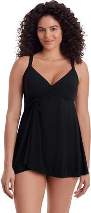 Longitude Twist Front Long Torso Swim Dress in Black at Nordstrom, Size 12