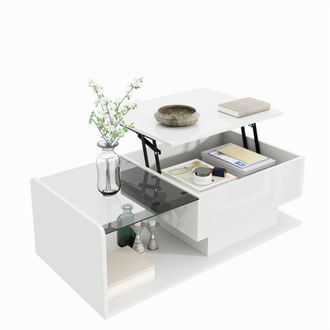 STILVORA Tavolino Da Salotto Sollevabile Con Piano In Vetro E Led, Bianco Lucido, Stile Moderno, In Pannello Truciolare, Bianco