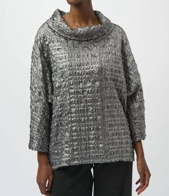 Joseph Ribkoff Foiled Cowl Neck 3/4 Dolman Sleeves Top In Pewter
