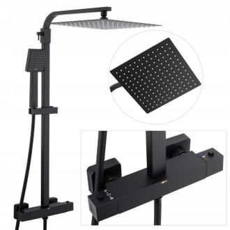 OEM Grifo De Columna De Ducha Con Termostato Y Cabezal De Ducha Tipo Lluvia, Termostato Negro