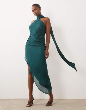 Asos vestito midi asimmetrico in raso con dettaglio foulard verde bosco