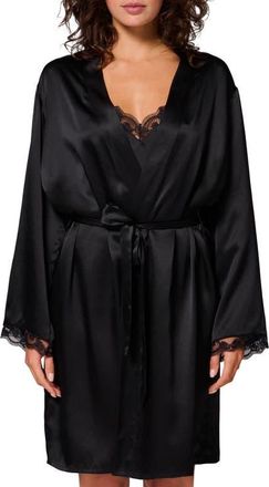 Simone Pérèle Love Me Lace Trim Silk Blend Robe in Black at Nordstrom, Size Small