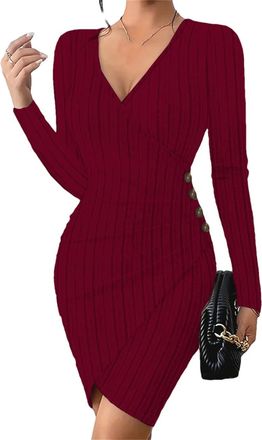 Generic Womens Autumn and Winter Slim Office Dress V-Neck Slit Knitted Hip-Hugging Long-Sleeved Dress Burgundy S